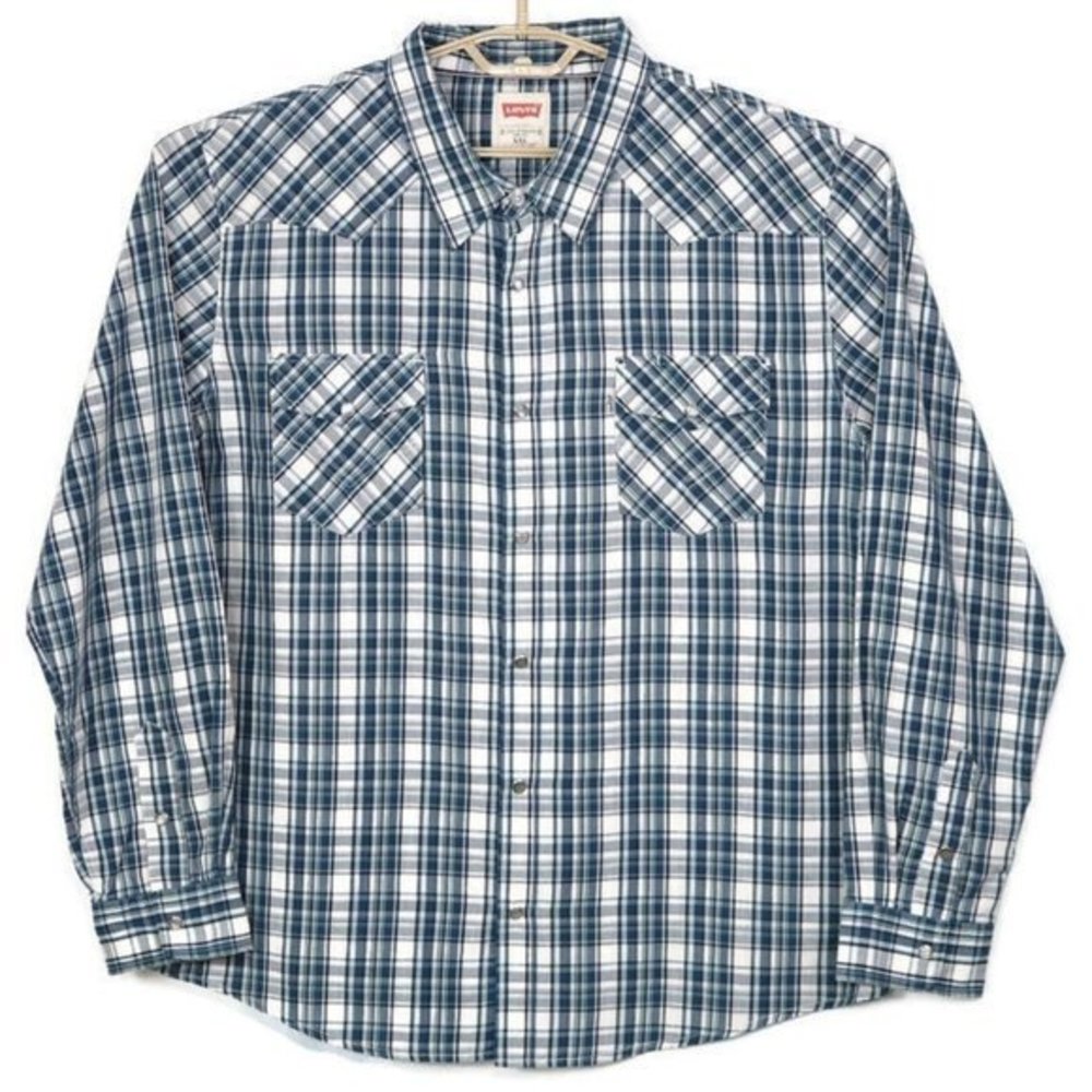 Levi's Modern Western Shirt Blue Plaid Pearl Snaps‎ Long Sleeve XXL 2XL